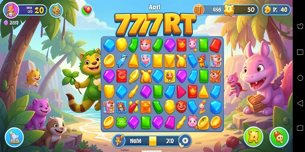 Screenshot utama 777RT menampilkan gameplay Match-3 yang dinamis.