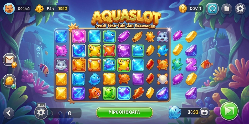 Tangkapan layar AQUASLOT menampilkan gameplay Match-3 yang penuh warna dan menarik.