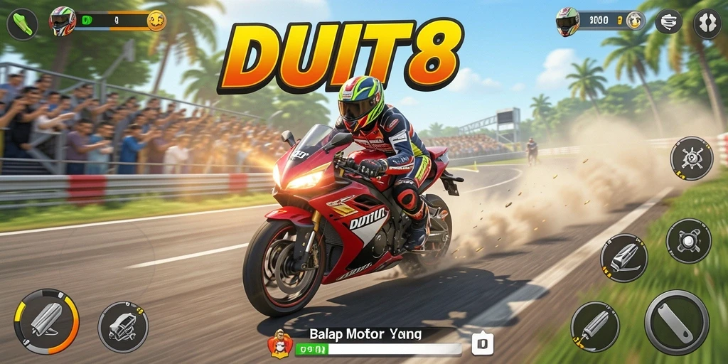 Screenshot utama DUIT8 menampilkan aksi balap yang mendebarkan.