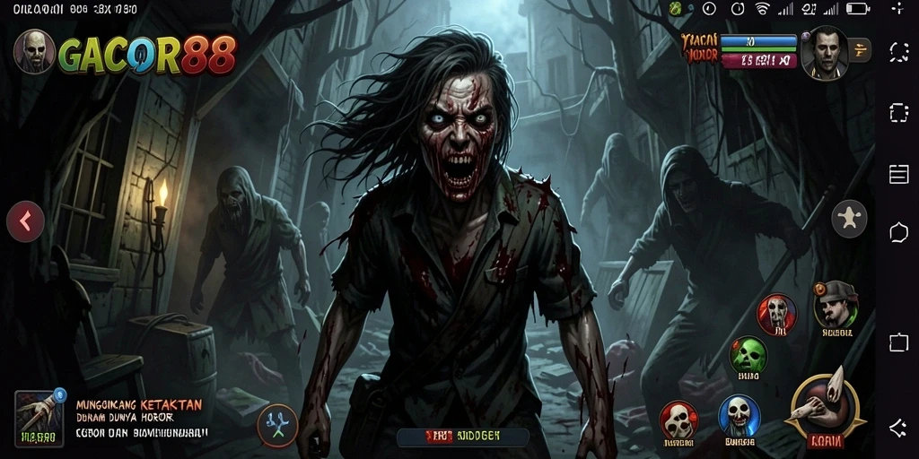 Screenshot gameplay GACOR88 menampilkan suasana horor yang mendebarkan.