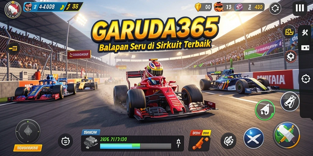 Tangkapan layar utama GARUDA365 menampilkan balapan mendebarkan dengan grafis yang sangat detail.