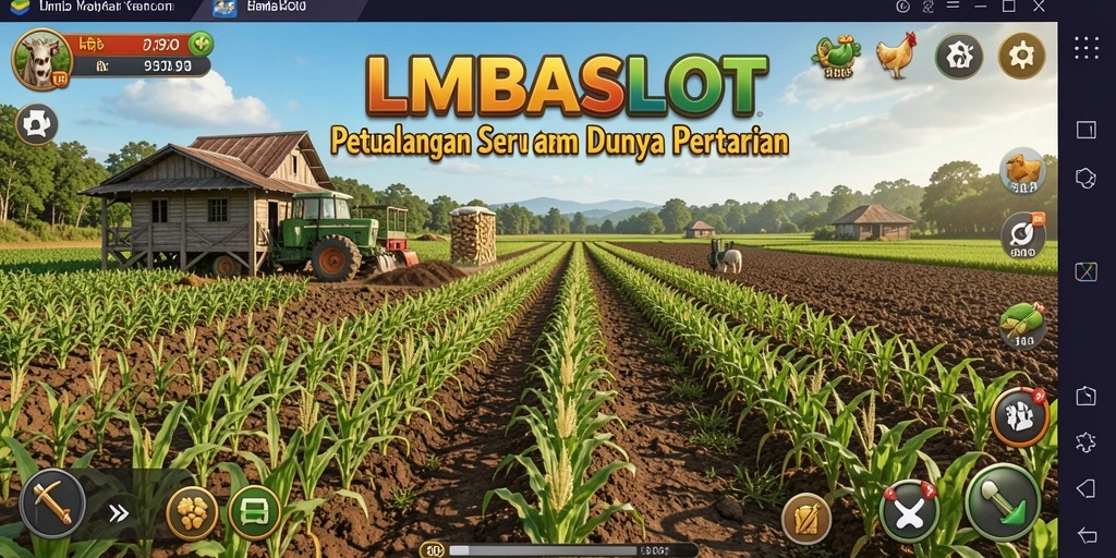 Tampilan gameplay LMBASLOT dengan ladang yang subur dan beragam tanaman.