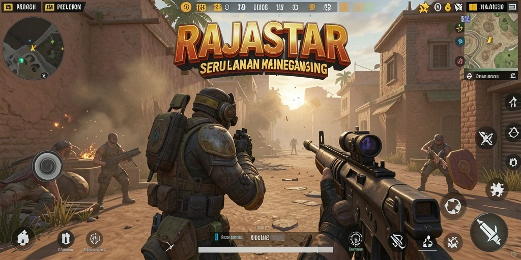Tampilan gameplay RAJASTAR dengan aksi tembak-menembak yang mendebarkan.