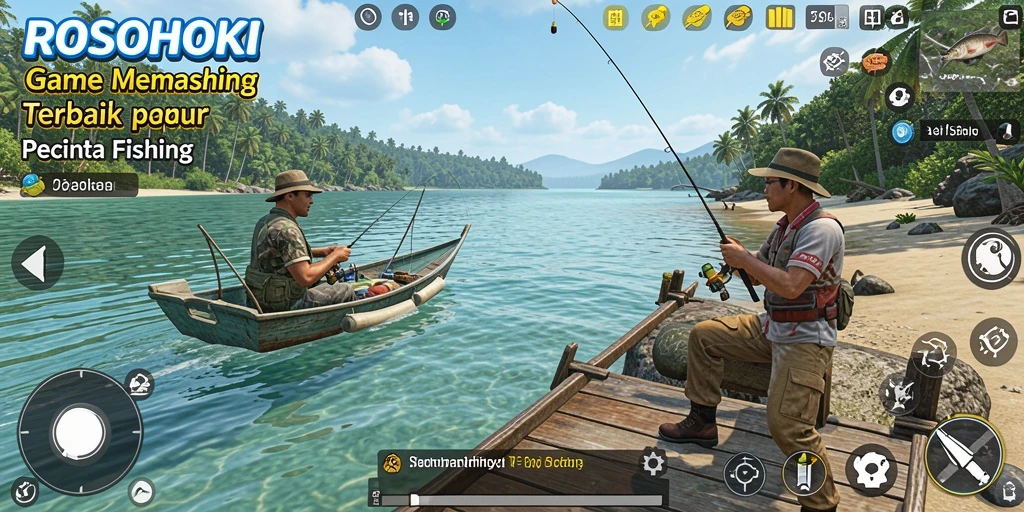 Screenshot gameplay ROSOHOKI menampilkan petualangan memancing yang seru.